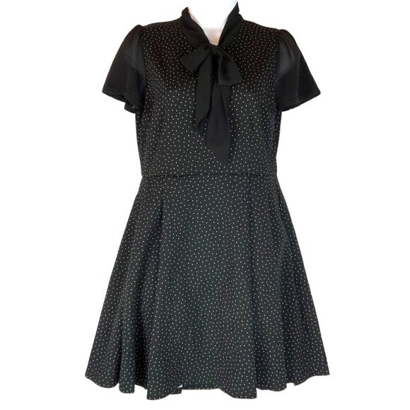Smak Parlour Black Polka Dot Dress With Bow Tie Neck Size Medium Fit Flair - Picture 1 of 5